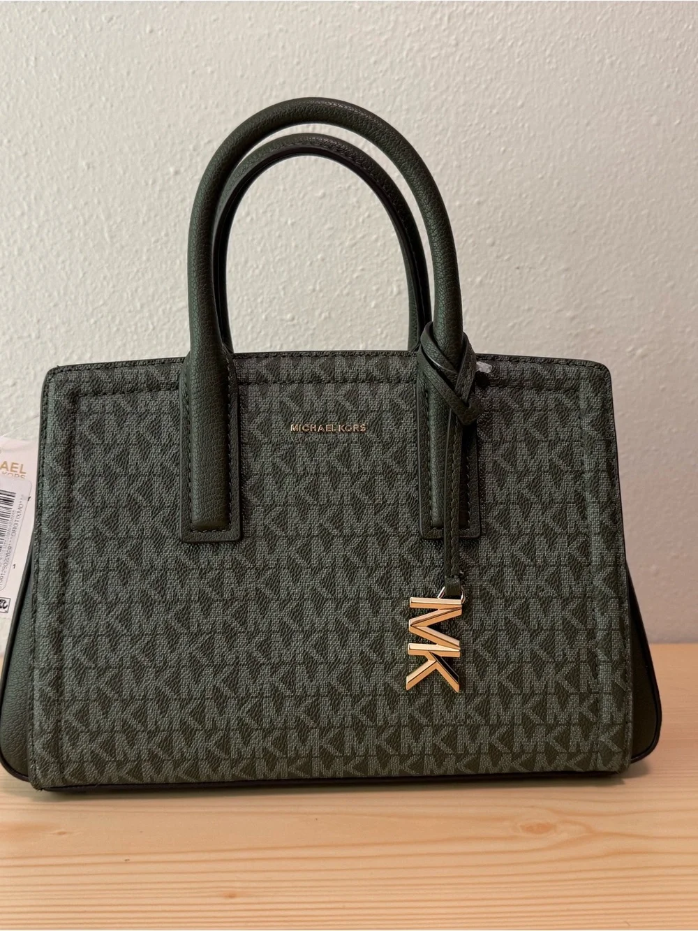 Michael Kors Dark Green Signature Satchel with Gold MK Charm